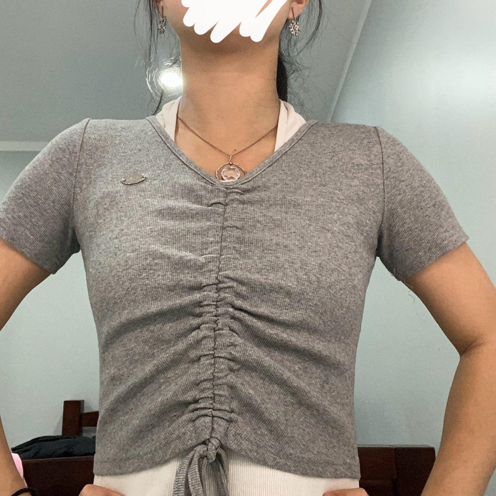 Gray Ruched V-Neck Women's Top